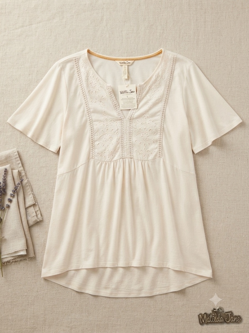 Matilda Jane Cream Embroidered Short Sleeve Scoop Top